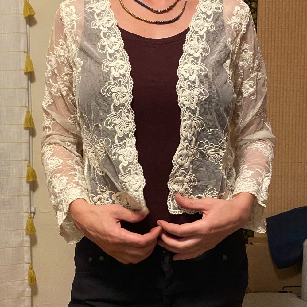 Crystal K butterfly lace shrug